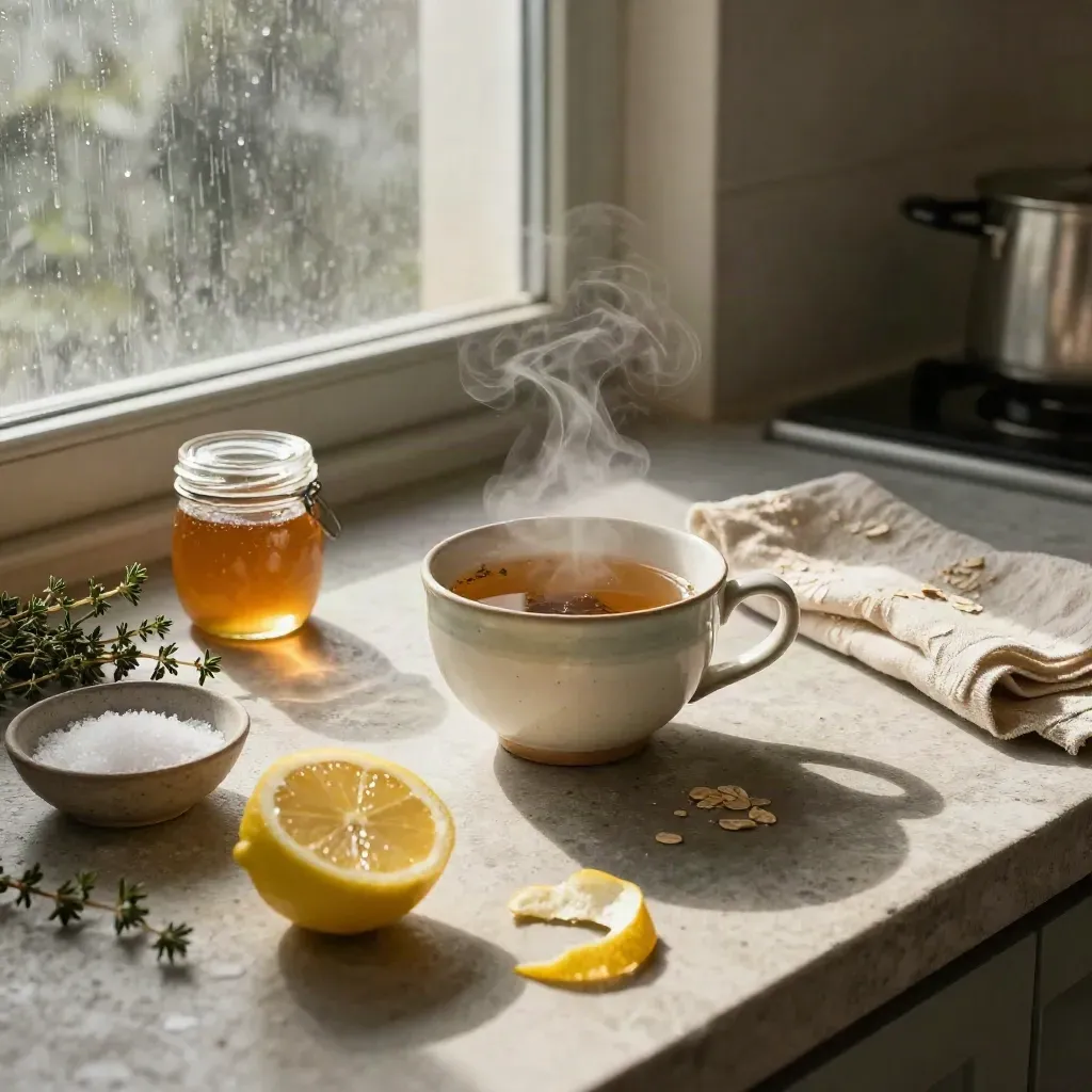 Cucina italiana all’alba con tisana fumante, limoni, miele, timo e finestra appannata.