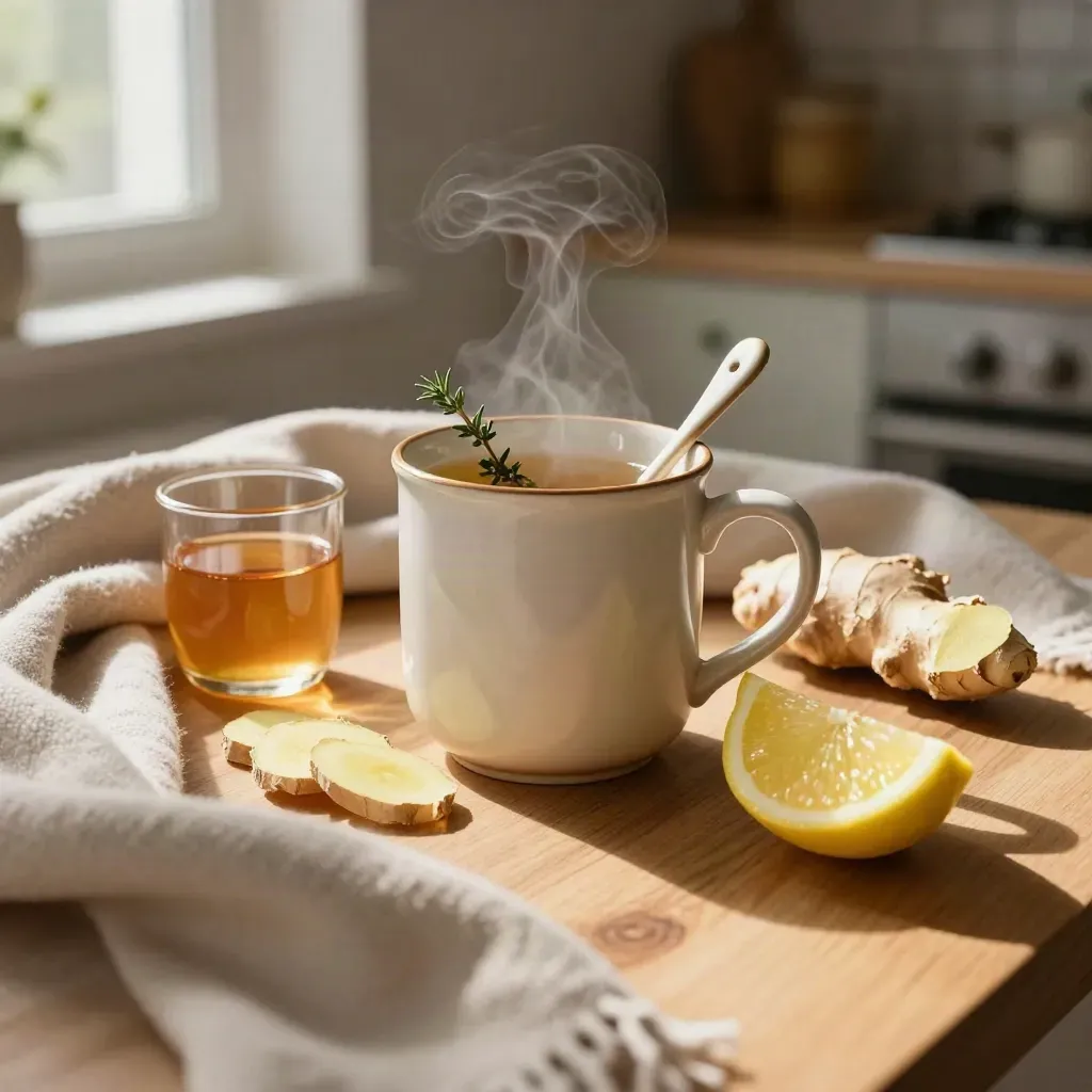 Tisana al timo fumante con miele, zenzero, limone e sciarpa di lana su tavolo di cucina