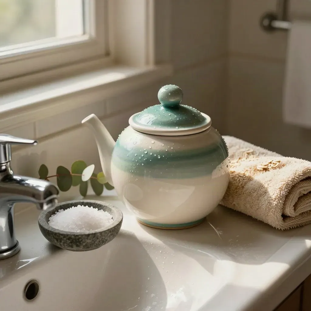 Lavabo con neti pot in ceramica, asciugamano arrotolato, sale ed eucalipto alla finestra.