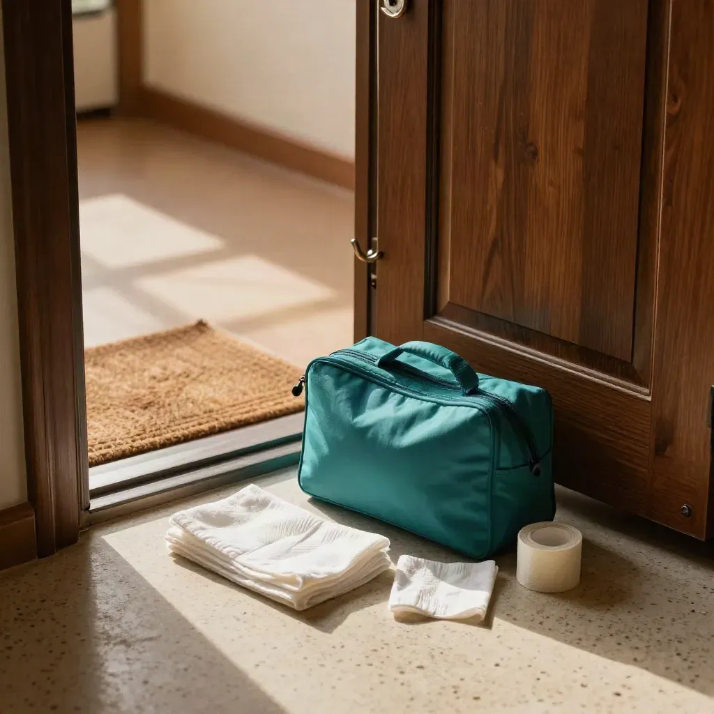 Ingresso di casa con borsa di primo soccorso, garza e telo pulito alla luce del pomeriggio