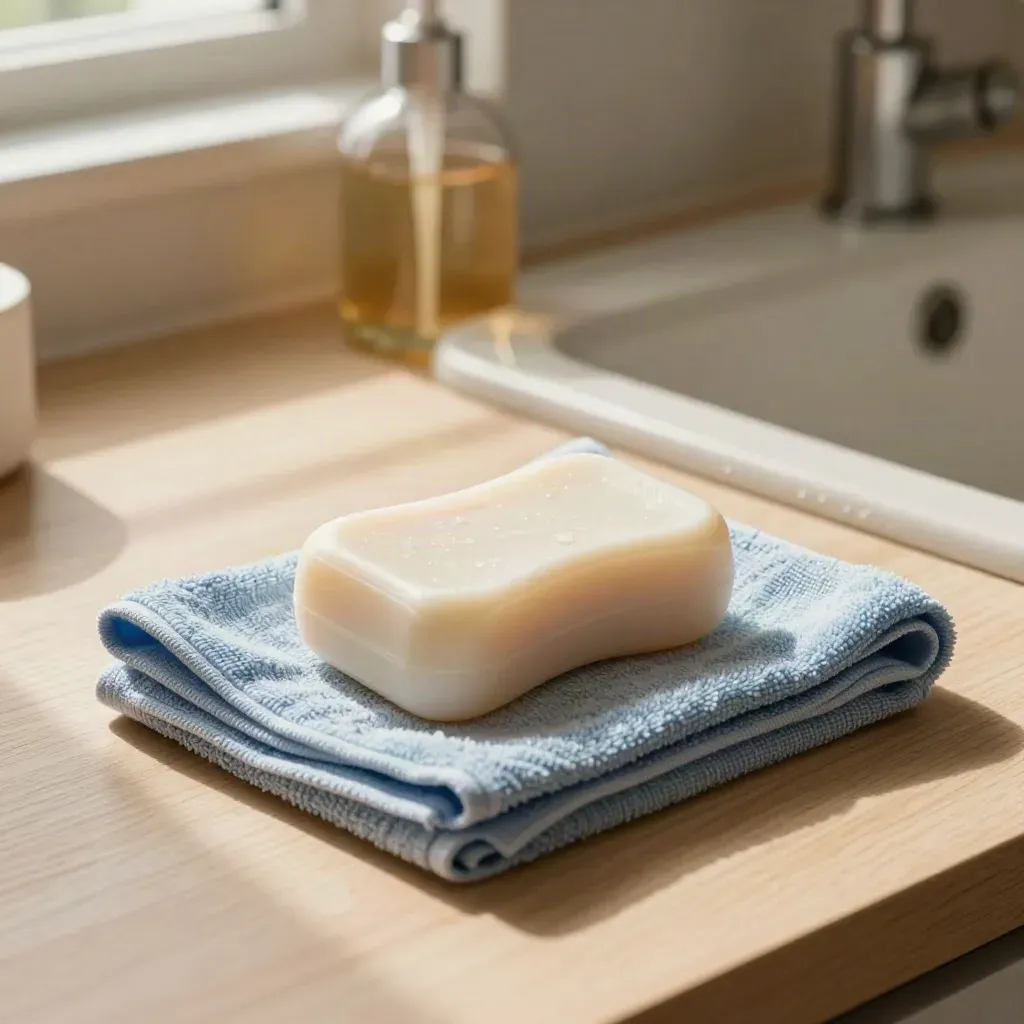 Sapone, panno in microfibra, dispenser di vetro e portasapone in una cucina luminosa appena riordinata.