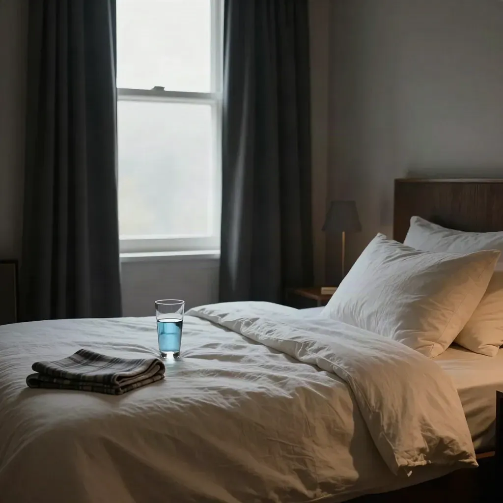 Camera da letto serale con bicchiere d’acqua, tenda pesante, cuscino ordinato e plaid piegato.