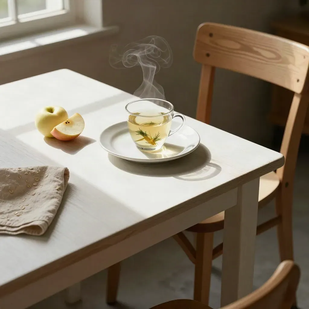 Tavolino basso con tisana al finocchio, mela a fette, piatto bianco vuoto e tovagliolo di lino.