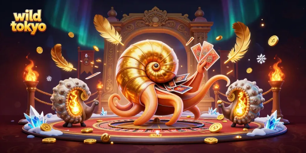 Experience thrilling action at wild tokyo's casino, featuring a giant nautilus roulette wheel.